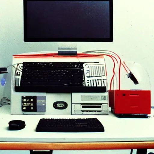 Prompt: vintage startup drom showcasing circa 1 9 9 8 of a desktop that holds a computer and food supply on a bed