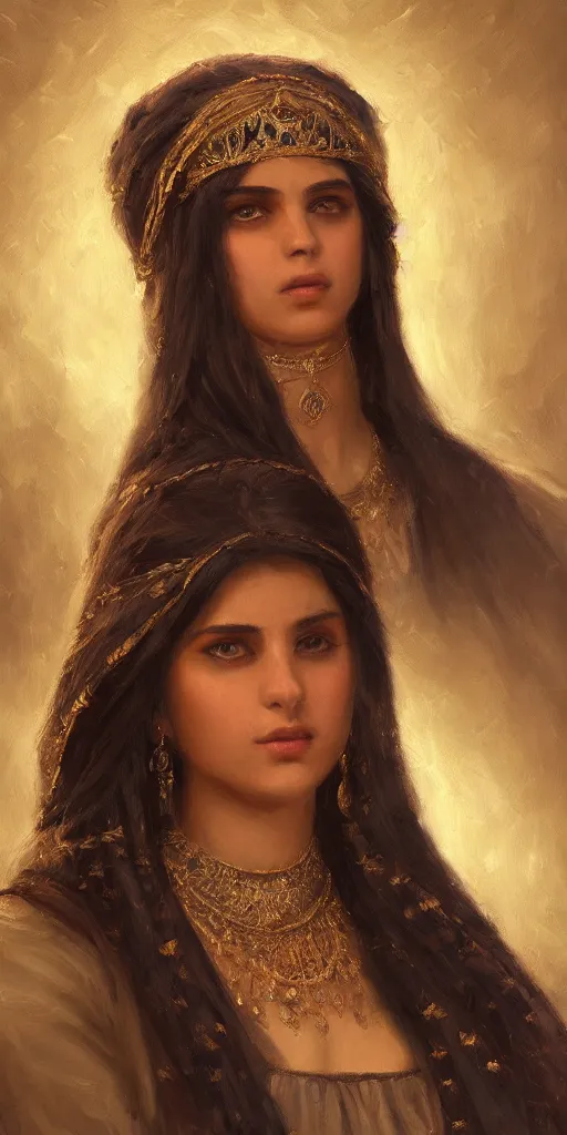 Image similar to Highly detailed and cinematic romantic period oil painting of an Arabian princess face portrait, an oil painting ((masterpiece)) by ((Josep Tapiró Baró)), RPG portrait, dynamic lighting, 8K