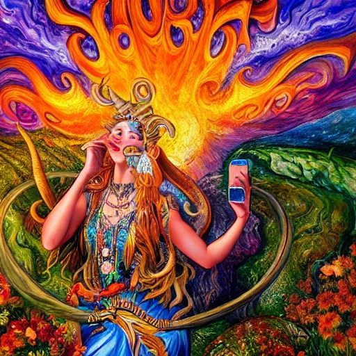 Image similar to detailed acrylic on canvas fantasy painting by josephine wall, horned ram goddess checking her cell phone, erupting volcano and sunset in distance, flowers in foreground, trending on artstation, by senior concept artist, intricately detailed, high resolution, hdr, 8 k