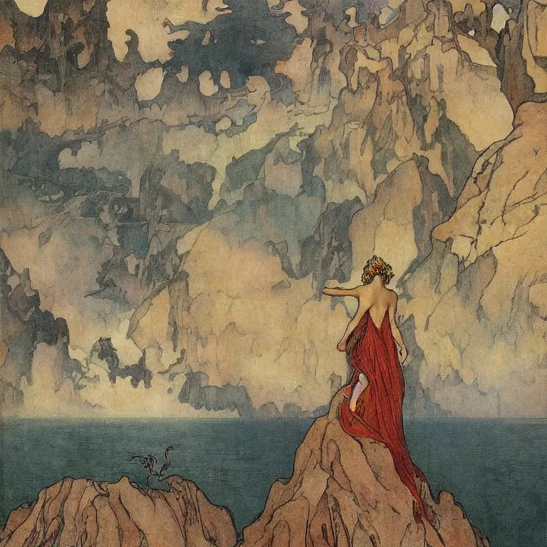 Image similar to A woman standing on a cliff, looking out at a storm Anton Pieck,Jean Delville, Amano,Yves Tanguy, Alphonse Mucha, Ernst Haeckel, Edward Robert Hughes,Stanisław Szukalski and Roger Dean