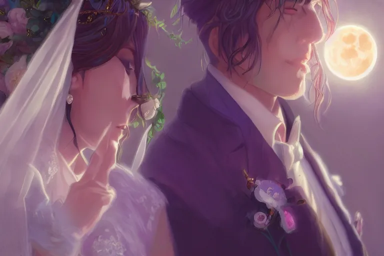 Image similar to a cinematic portrait of wedding photograph jpeg close up moment of a divine a japan sun god and moon goddess lovers magician at a wedding banquet. portraiture. digital painting. artstation. concept art. wedding photo. digital painting. violet evergarden art masterpiece by art by krenz cushart