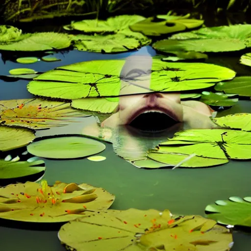 Image similar to A face submerged in shallow water surrounded by lily pads and other vegetation. The eyes are glowing and there is a hand reaching out towards you