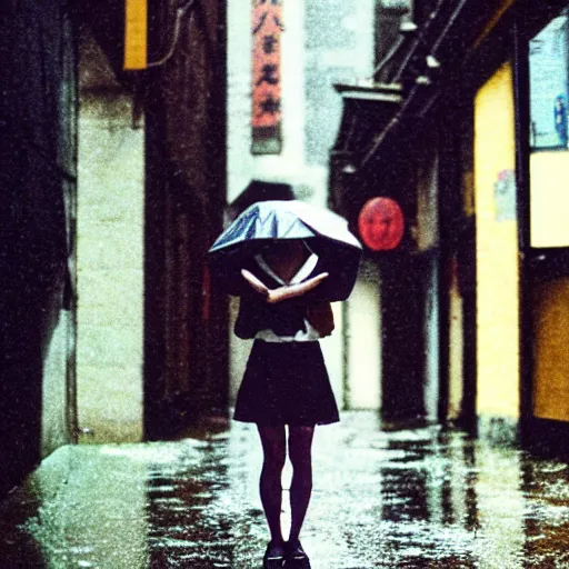 Image similar to 1990s perfect 8K HD professional cinematic photo of close-up japanese schoolgirl posing in sci-fi dystopian alleyway at morning during rain, at instagram, Behance, Adobe Lightroom, with instagram filters, depth of field, taken with polaroid kodak portra