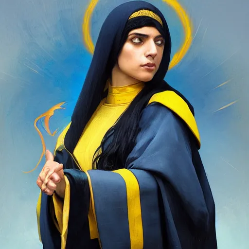 Image similar to portrait of a middle - eastern female cleric with straight black hair wearing blue and yellow vestments, fantasy, highly detailed, digital painting, artstation, concept art, character art, art by greg rutkowski and tyler jacobson and alphonse mucha