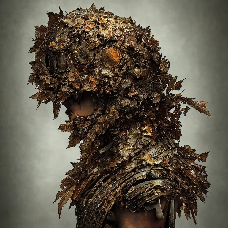 Image similar to rusted tintype portrait of realistic armour made of leaves, seen from behind dramatic light, dystopian environment, intricate, elegant, highly detailed, centered headdress, artstation, sharp focus, artgerm, tomasz alen kopera, peter mohrbacher, donato giancola, joseph christian leyendecker, wlop, boris vallejo, frank frazetta