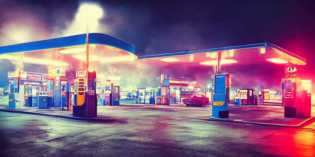 Prompt: “hyper realistic gas station, neon, fog, atmospheric lighting, neon glow, full of colour, photorealistic, award winning photography”