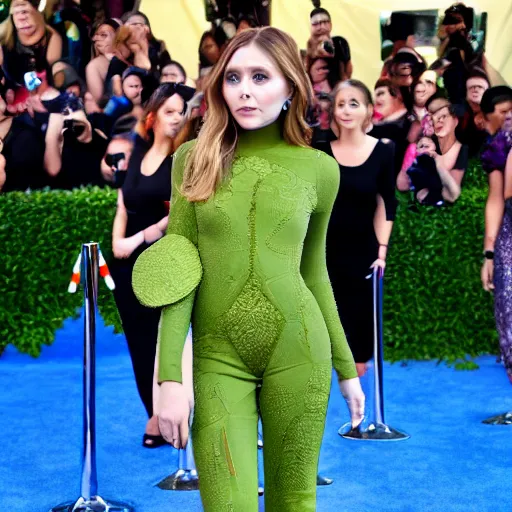 Image similar to elizabeth olsen walking on the red carpet, wearing an avocado bodysuit stylized like an avocado, full body shot, trending on unsplash, 4 k quality, intricate