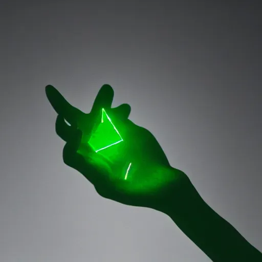 Image similar to a glowing shard of kryptonite held in an open black - gloved hand, night photography, pitch black, lit only by the green glow of the kryptonite