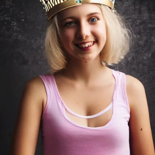 Image similar to photograph of teenage blonde girl with big chest wearing a princess crown and tank top