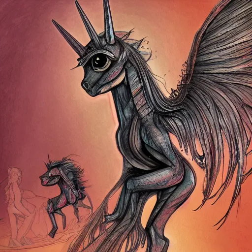 Prompt: detailed illustration of my little pony in the style of h r giger and wayne barlowe