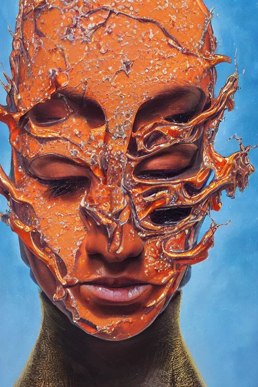 Prompt: hyperrealism oil painting, close-up portrait of melting medieval fashion model, melted cyborg, orange gradient mixed with star sky, in style of classicism mixed with 70s japan book art