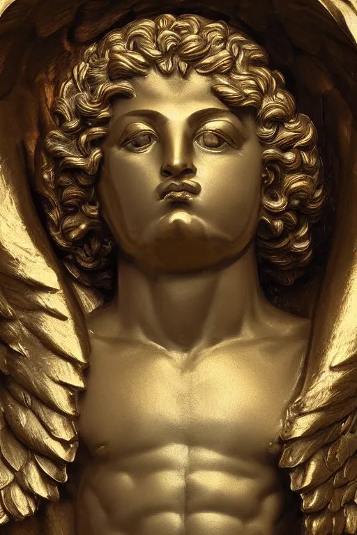 Image similar to archangel Michael, face, closeup, ultra detailed, bronze, Guido Reni style