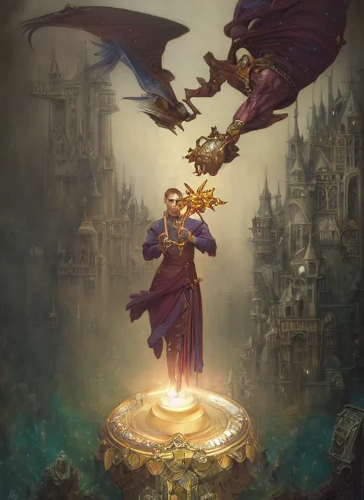 Image similar to hyper realistic knight casting a spell, refined details, denoised, birds eye view, magical, gems, jewels, gold, steampunk, cyberpunk utopia, painted by tom bagshaw, mucha, gaston bussiere, craig mullins, j. c. leyendecker 8 k