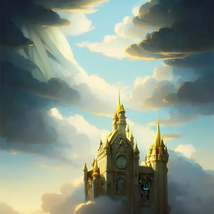 Prompt: style artgerm, joshua middleton, jeremy lipking, soft castle in the sky white with gold, majestic spires, clouds swirling, detailed, sky setting, volumetric lighting