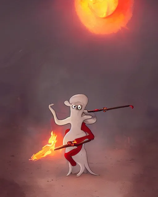 Image similar to squidward ( anthropomorphic squid ) wearing fire nation clothing and practicing firebending outside at susnset, [ greg rutkowski ]