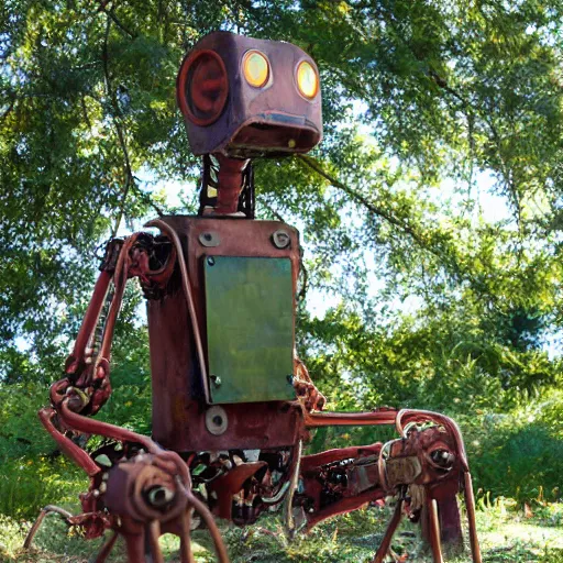 Image similar to rusty robot sitting by a tree, auction catalogue photo