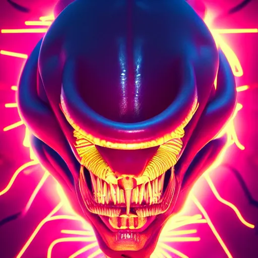 Image similar to synthwave demonic alien face with neon tattos, detailed face, sharp focus, synthwave art, aesthetic, octane render, raw, cinematic