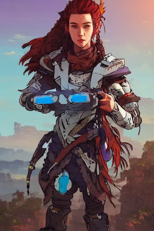 Image similar to combination suit armor aloy horizon forbidden west horizon zero dawn robot ninja mask helmet backpack tribal, art gta 5 comics, official fanart behance hd artstation by jesper ejsing, by rhads, makoto shinkai and lois van baarle, ilya kuvshinov, ossdraws radiating a glowing aura cgi rtx 2 0 2 2