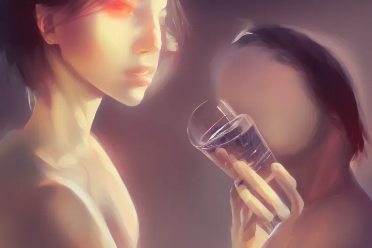 Image similar to a girl drinking water, digital art by wlop, greg ruthowski, ross tran, trending on artstation and deviantart, extremely high quality, amazing lighting