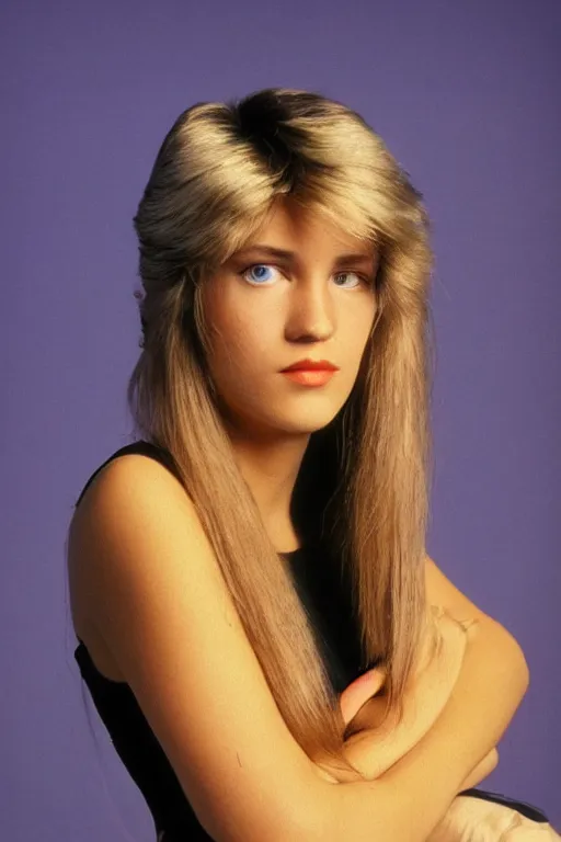 Image similar to an original beeple portrait of a typical member of generation x, in the style of a 1 9 8 0's glamour shot, beautiful flowing mullet hairstyle