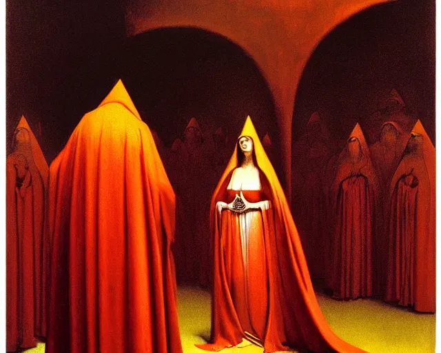 Image similar to devotion to the scarlet woman, priestess in a conical hat, coronation, ritual, sacrament, by francis bacon, beksinski, bosch, mystical redscale photography, opulence, luxury, maximalism.