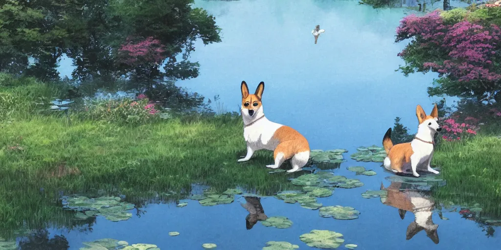 Image similar to A singular corgi by the pond, there is blue sky, there is water splash, the atmosphere is cheerful, the colors are bright, high picture quality, by Makoto Shinkai