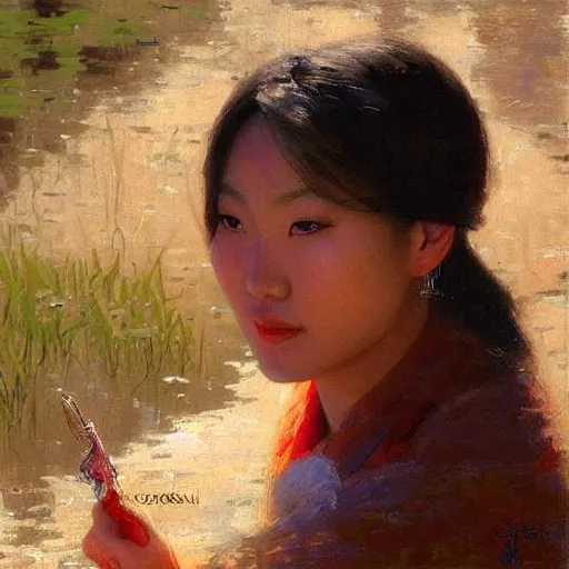 Image similar to elegant asian woman by the river, detailed face, correct face, painting by Gaston Bussiere, Craig Mullins