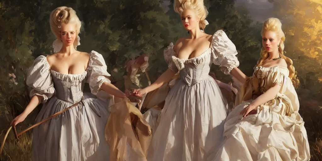 Prompt: three beautiful finnish norwegian swedish scandinavian attractive glamour models as marie antoinette wearing 1 7 th century french off - the - shoulder neckline bodice walking in a field sunset jodhpurs greg manchess painting by sargent and leyendecker, studio ghibli fantasy close - up shot asymmetrical intricate elegant matte painting illustration hearthstone, by greg rutkowski by greg tocchini by james gilleard