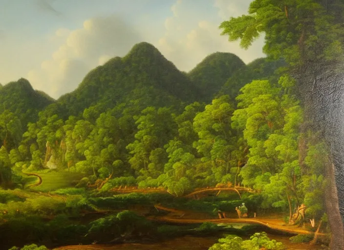 Prompt: the luscious forests of vietnam with little villages sprinked in them, in the style of hudson river school of art, oil on canvas