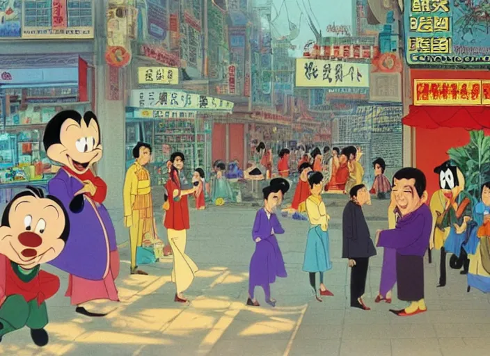 Image similar to a film still from the animation the chinese market ( 1 9 8 0 ) directed by walt disney, oscar winning animation, award winning