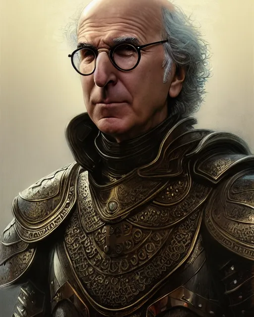 Image similar to larry david in armor, character portrait, portrait, close up, concept art, intricate details, highly detailed by greg rutkowski, michael whelan and gustave dore