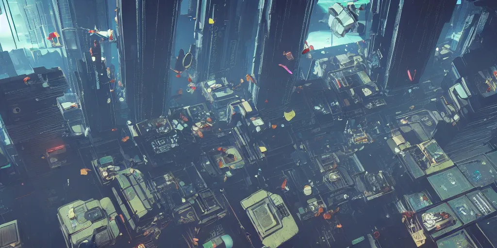 Image similar to a cyberpunk city in zero gravity with objects and debris flying around ultrarealism