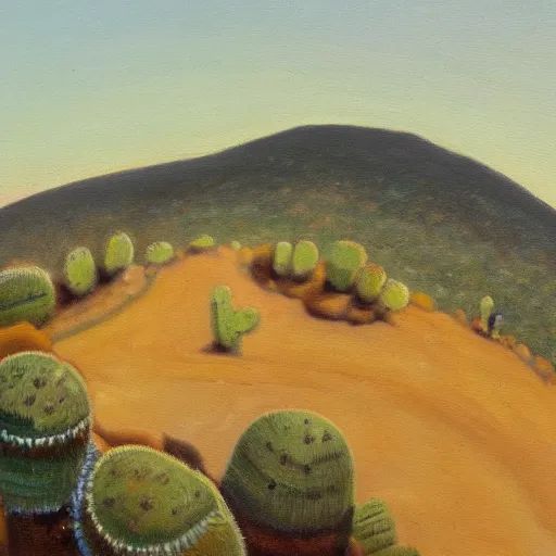 Image similar to a conrad bluff oil painting of a small hill covered in cactus with a circular 1 0 lane highway at it's base full of evening traffic