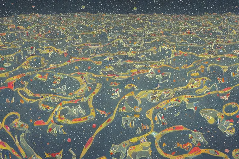 Image similar to hyper detailed night starry sky full of cats, by wayne thiebaud