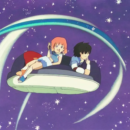 Image similar to couch flying through outer space studio ghibli