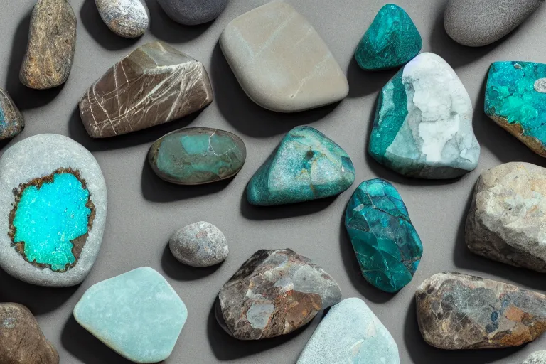 Image similar to , an octane render of a beautiful mineral stone, shades of teal, silver and dark brown, beautiful raw jasper, gallery display photograph, ambient lighting, intricate light, detailed