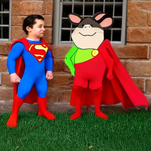 Prompt: a mouse dressed as superman fighting a mouse dressed as the incredible hulk in clay