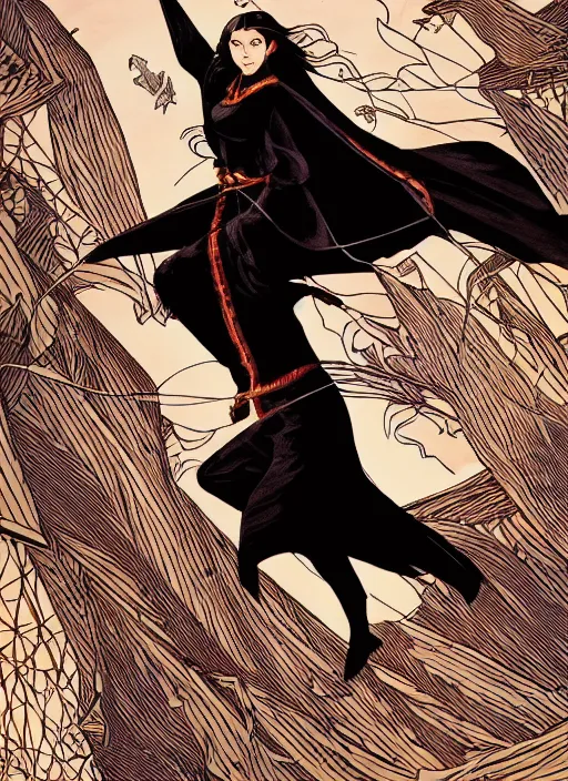 Image similar to illustration of a woman flying through the air, leaving a trail of strips of cloth, black hair wearing black clothes and cape made of long strips of fabric, medieval town landscape, trending on artstation, by dan mumford, yusuke murata, makoto shinkai, ross tran, josan gonzalez, cel shaded, flat colors