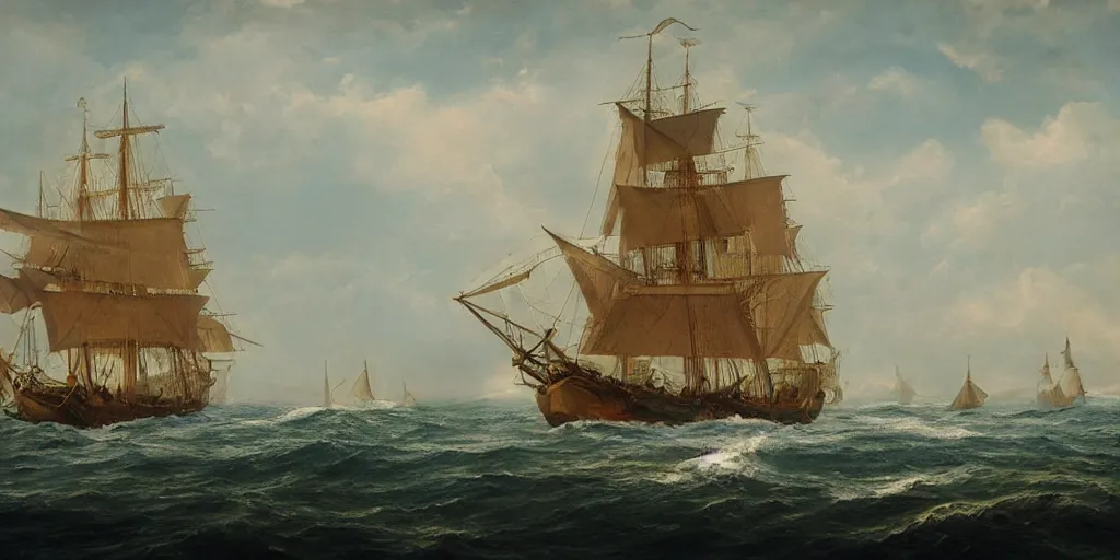 Image similar to a beautiful matte painting, an ancient large sailing ship sailing on the sea