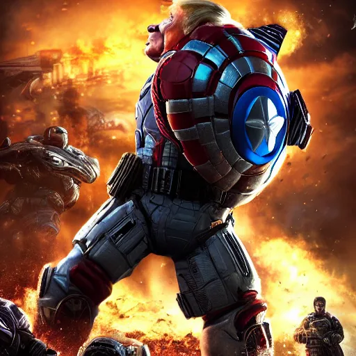 Prompt: Portrait! of President Donald Trump as ((captain america)) in Gears of War, splash art, movie still, cinematic lighting, dramatic, octane render, long lens, shallow depth of field, bokeh, anamorphic lens flare, 8k, hyper detailed, 35mm film grain