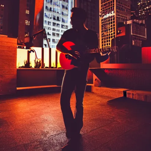 Prompt: a silhouette of a man playing guitar on the roof of a outdoor patio, in new york city, midnight, cinematic shot, cinematic lighting, 8k, nvidia raytracing demo, glow