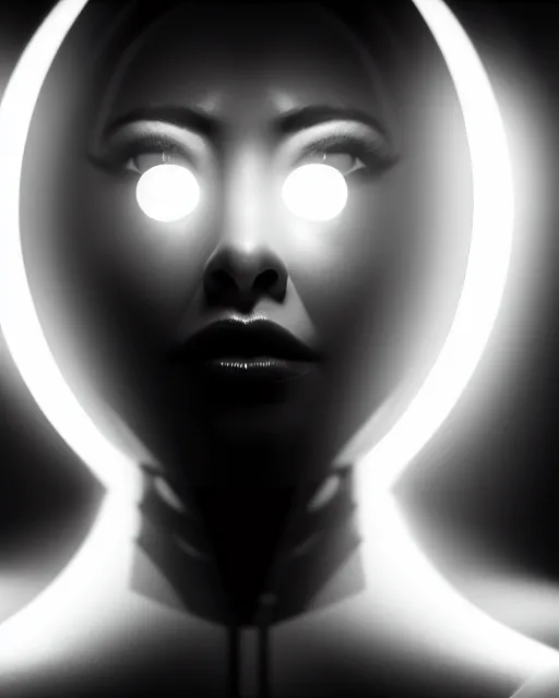 Image similar to black and white high quality photo of a beautiful futuristic female human-cyborg looking into a sci-fi mirror, volumetric lighting, liminal space, brutalism, foggy, dreamy, hyperdetailed, bokeh, photorealistic, cinematic, masterpiece, Metropolis, elegant, dark, octane render, 8K, in the style of Dora Maar