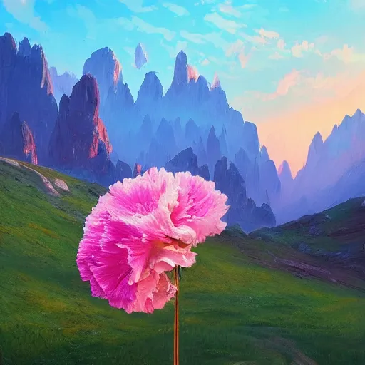 Image similar to giant carnation flower as a head, girl hiking in the dolomites, surreal photography, sunrise, dramatic light, impressionist painting, colorful clouds, digital painting, artstation, simon stalenhag