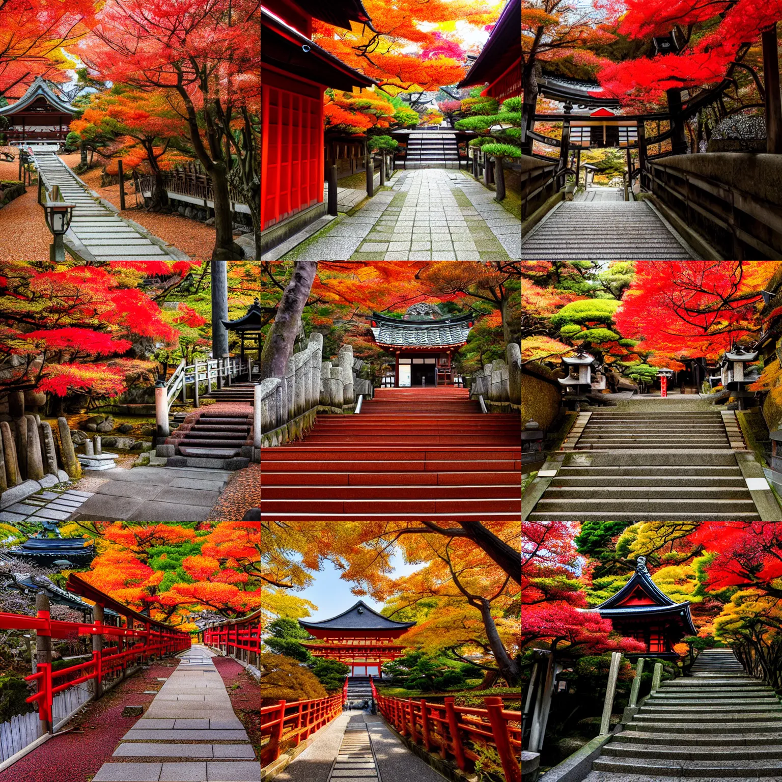 Prompt: kyoto in autumn, shrine, empty, warm colors, staircase