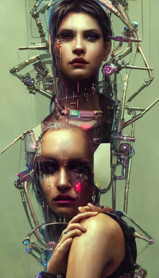 Image similar to cyberpunk, perfectly-centered-Portrait of the most beautiful women on the planet, 80s makeup, professional model, high fashion, sweaty, motherboard, insane, intricate, highly detailed, digital painting, artstation, concept art, smooth, sharp focus, illustration, Unreal Engine 5, 8K, art by artgerm and greg rutkowski and alphonse mucha