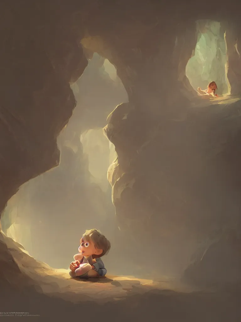 Image similar to lit child, in a dark cave, by disney concept artists, blunt borders, golden ratio, soft light