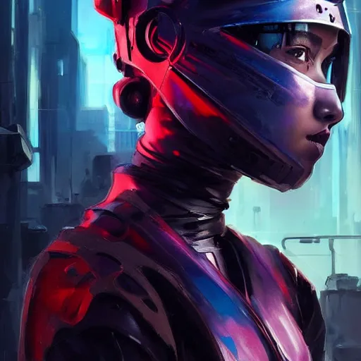 Image similar to movie still of stylized ninja - cyberpunk girl, wearing techwear and armor, complementary colors, beautiful realistic face, highly detailed, digital painting, artstation, concept art, smooth, sharp focus, illustration, art by artgerm, by greg rutkowski, by jeremy mann, by francoise nielly, oil painting