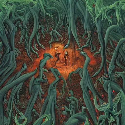 Prompt: crouching demons forming a circle in the woods, by Dan Seagrave and by Dan Witz, glossy digital painting, 8k resolution