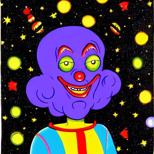 Image similar to an alien clown in space