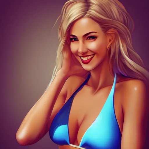 Prompt: very beautiful female swimsuit model, smiling, flirty, eye contact, perfect face, perfect body, drawn by artgerm